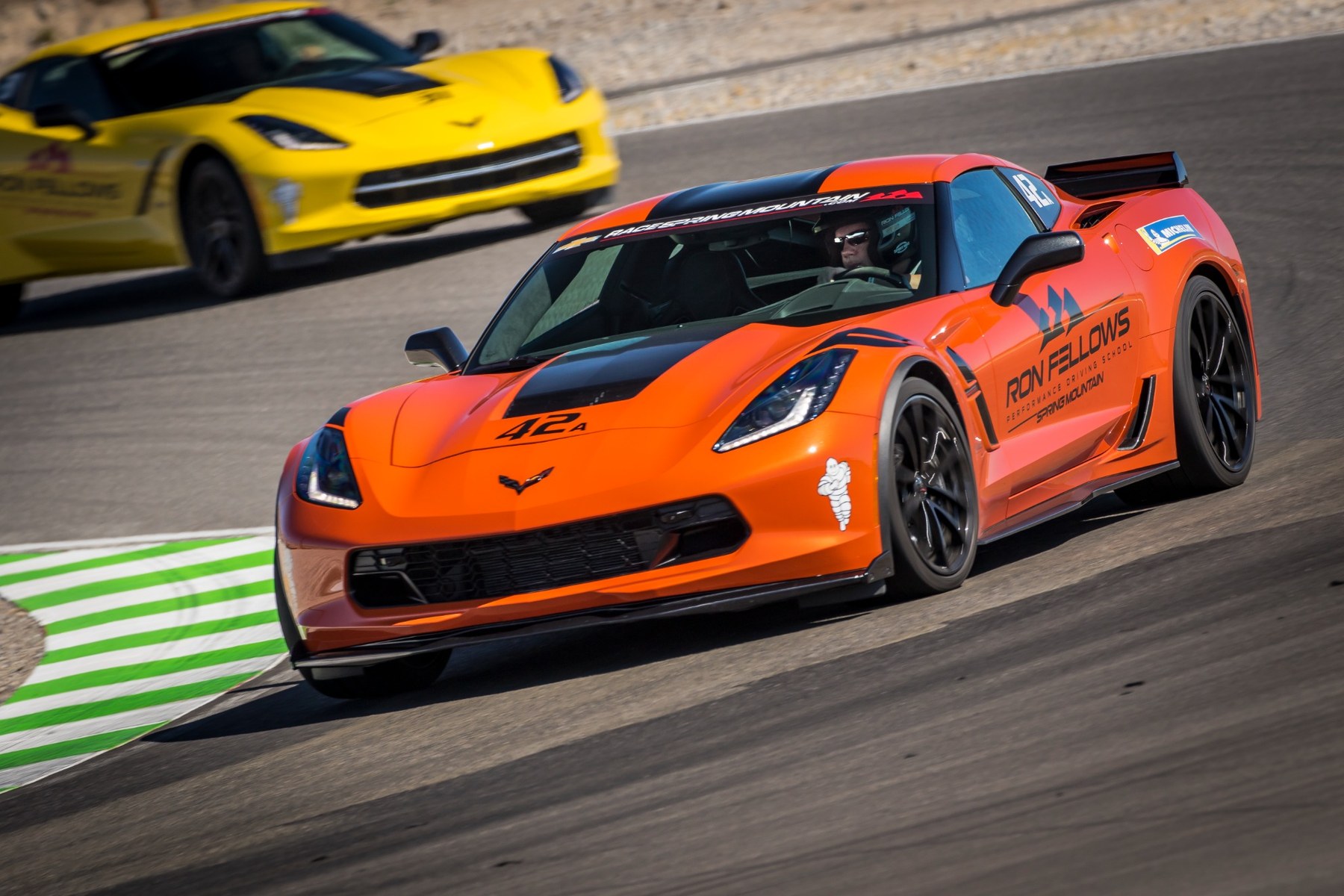 Orange Corvette pointed downhill at Spring Mountain Motor Resort
