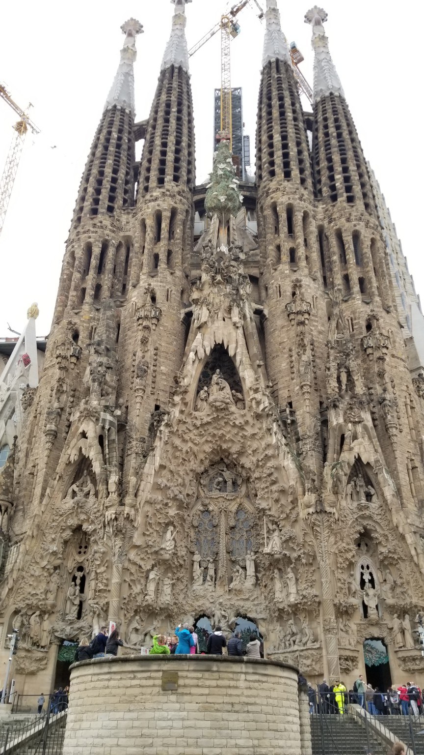 Sagrada Família Nativity façade with construction cranes in 2018