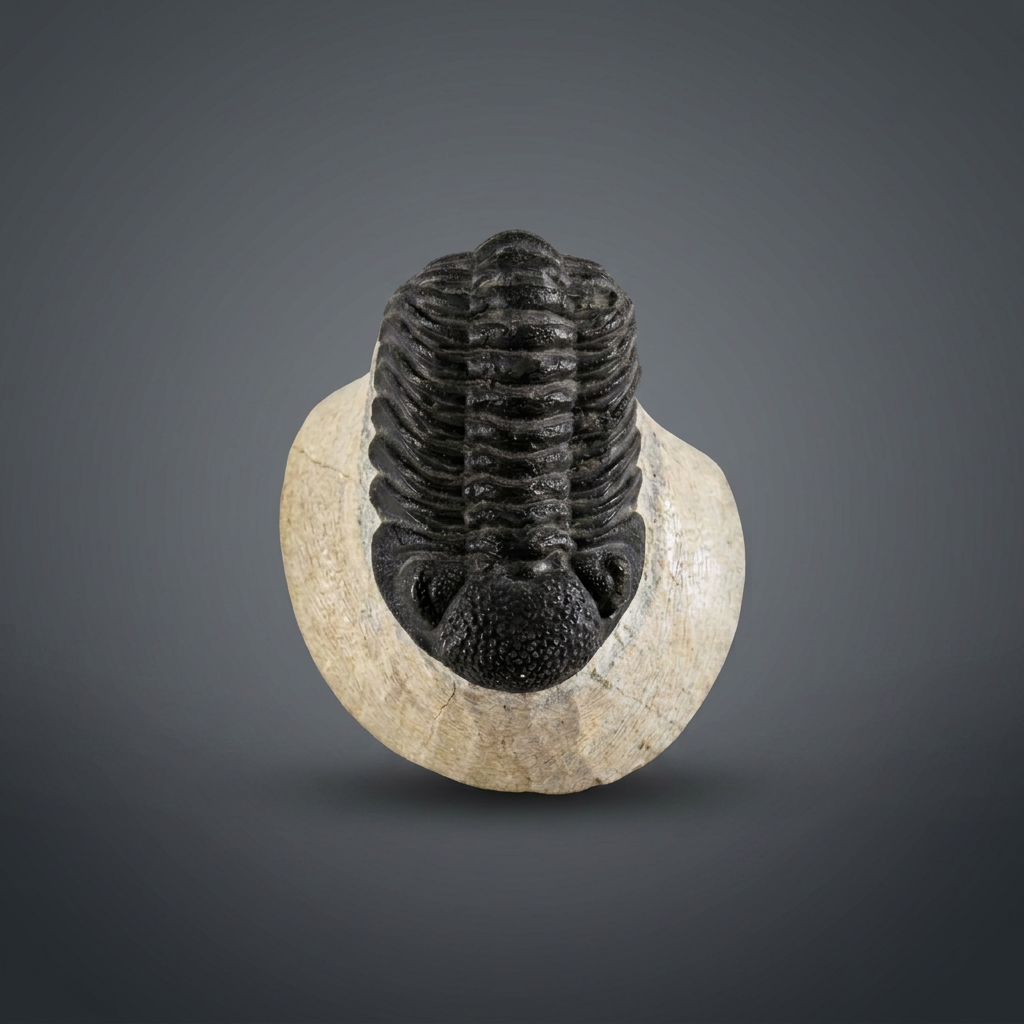 Fossilized trilobite specimen with segmented black exoskeleton on pale limestone matrix