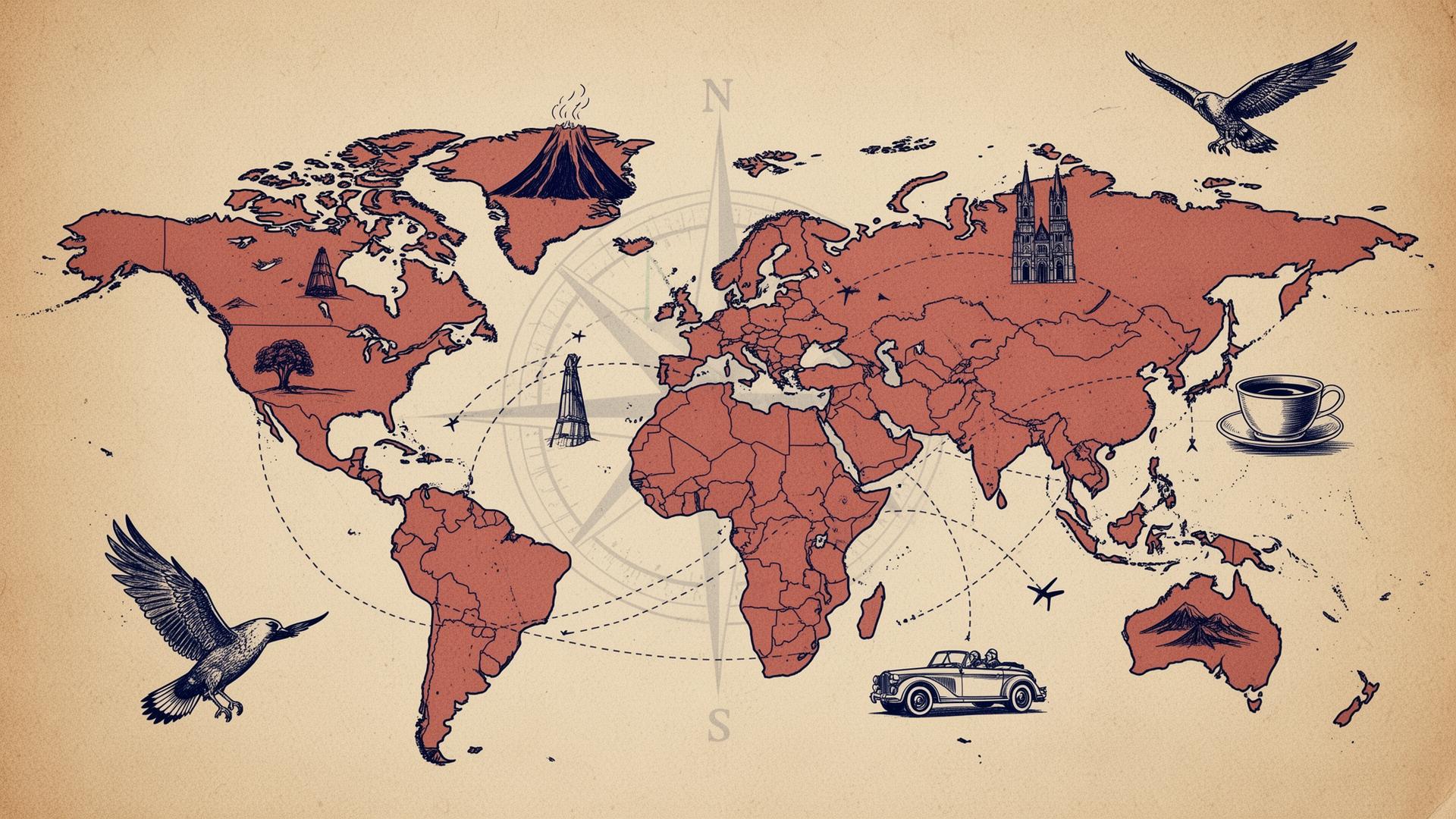 Vintage illustrated world map with flight paths and travel icons