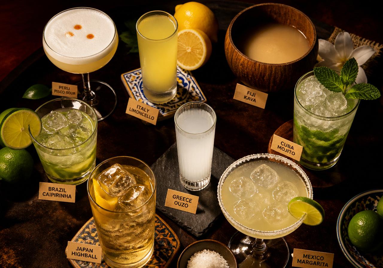 Collage of signature cocktails and spirits from around the world