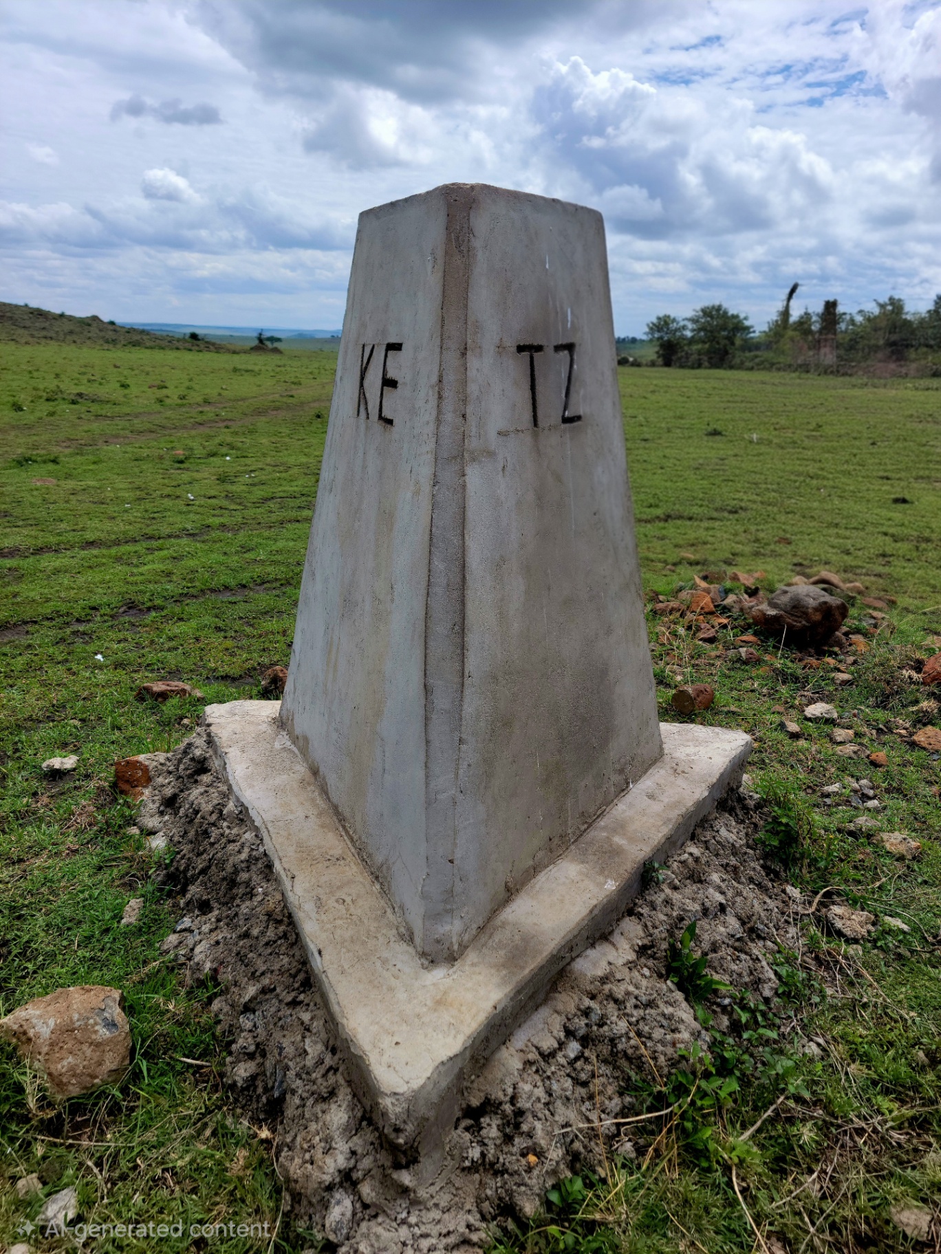 Concrete pillar marking the Kenya and Tanzania border in the open savanna