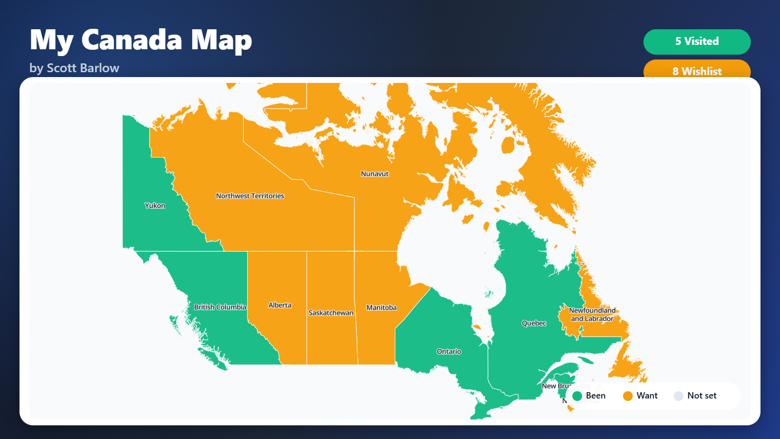Map of Canada showing visited provinces and territories in green and the remaining ones in orange