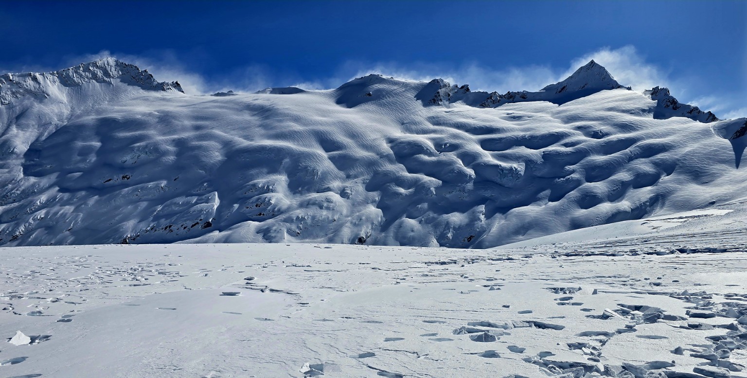 Close view of deeply crevassed glacier ice