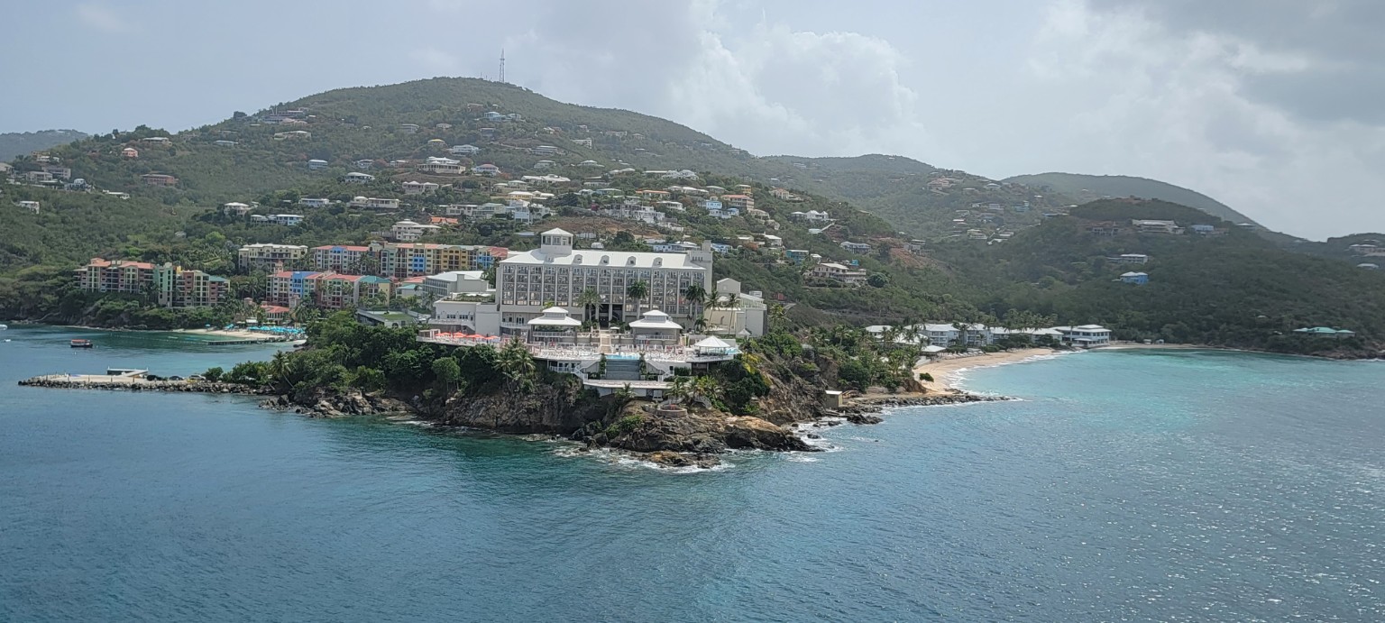 Resort and bay viewed from a boat approaching St. Kitts