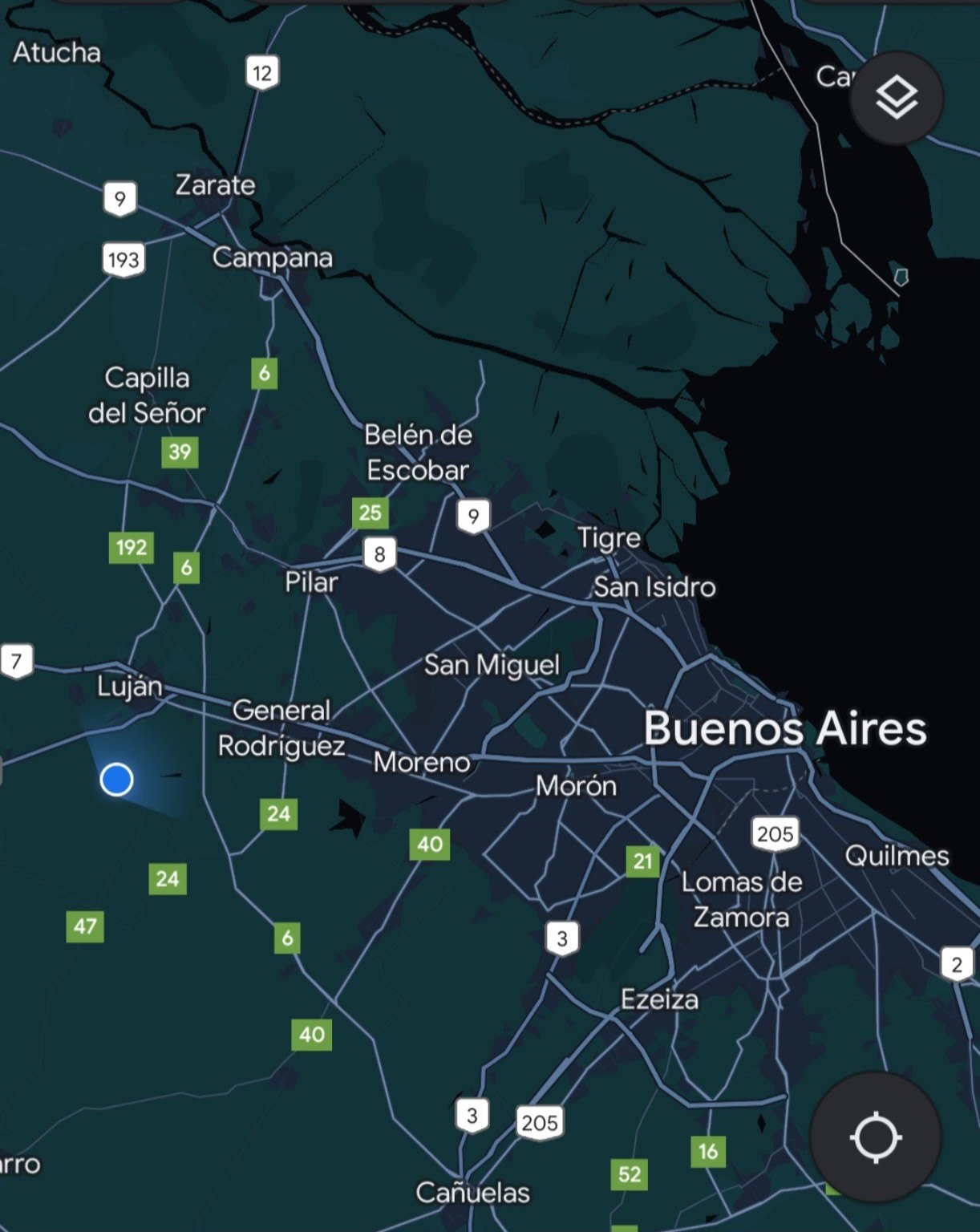 Map of the route west from Buenos Aires through Belén de Escobar and San Miguel