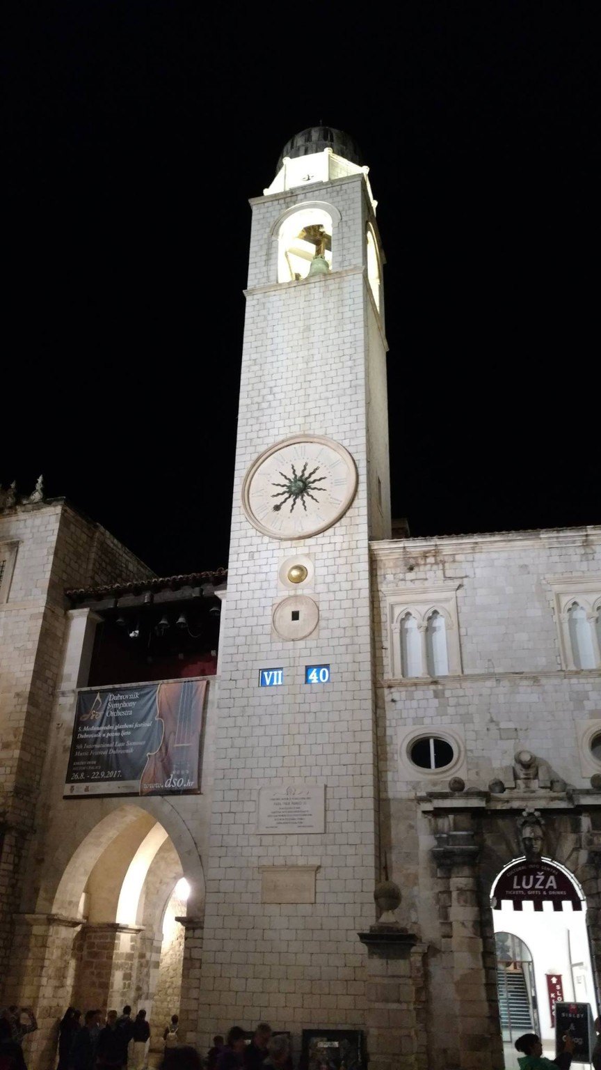 Dubrovnik bell and clock tower at night