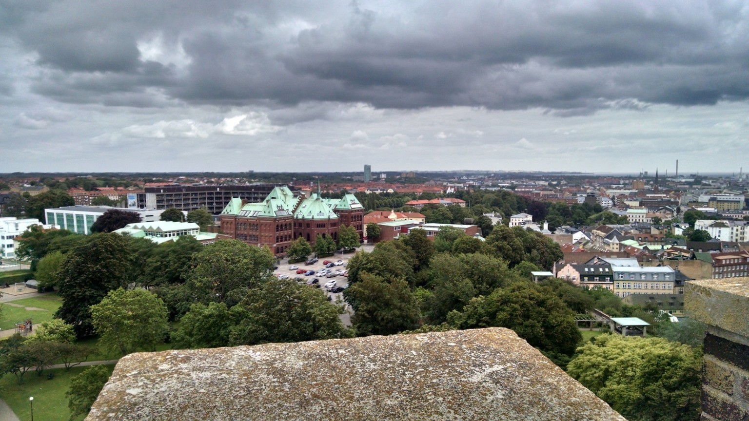 Helsingborg skyline beneath a dramatic Nordic sky