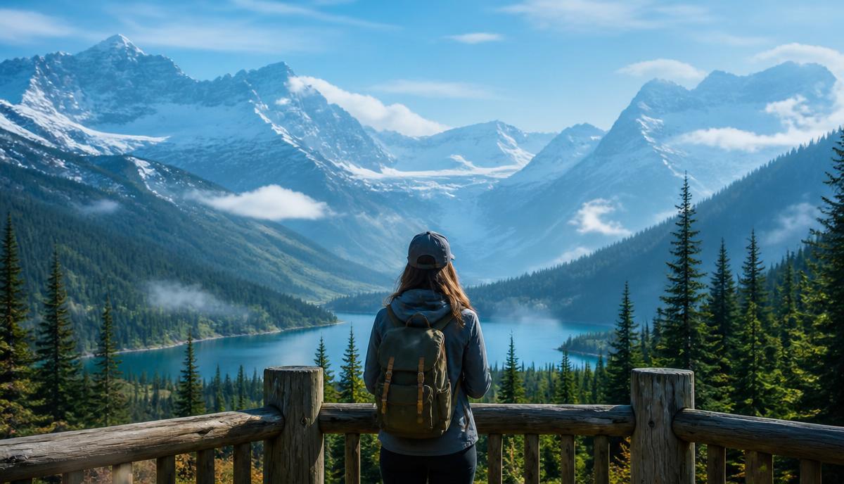 A traveler looks out over a cool mountain lake and pine forest on a summer morning