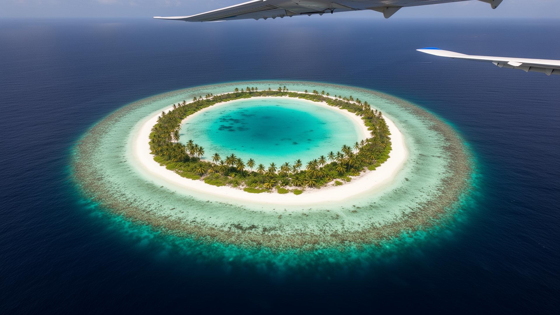 Aerial view of Fanning Island (Tabuaeran), a coral atoll in Kiribati ringed by turquoise lagoon and deep blue Pacific