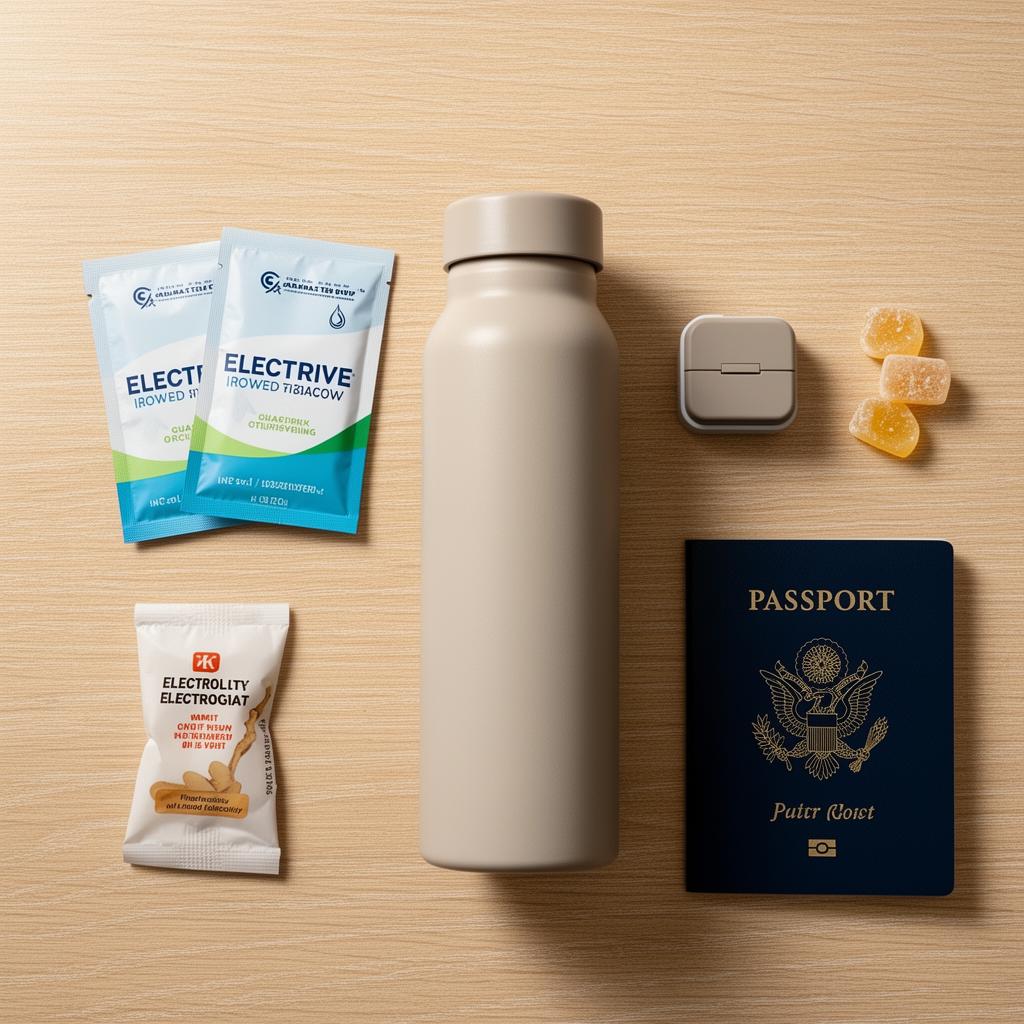 Travel flat lay featuring rehydration electrolyte packets, a sleek water bottle, a small pill dispenser, ginger candies, and a passport