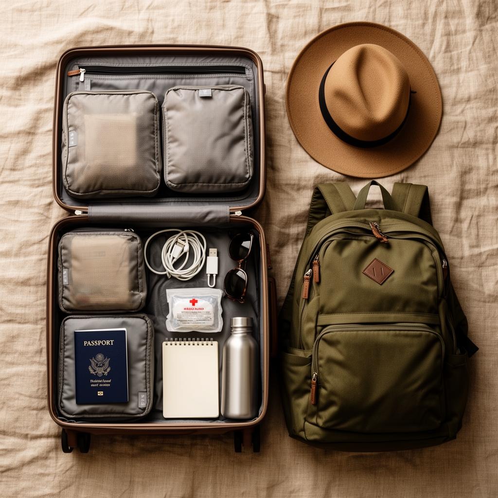 Flat lay of an open carry-on suitcase and travel backpack with packing cubes, passport, cables, and a water bottle