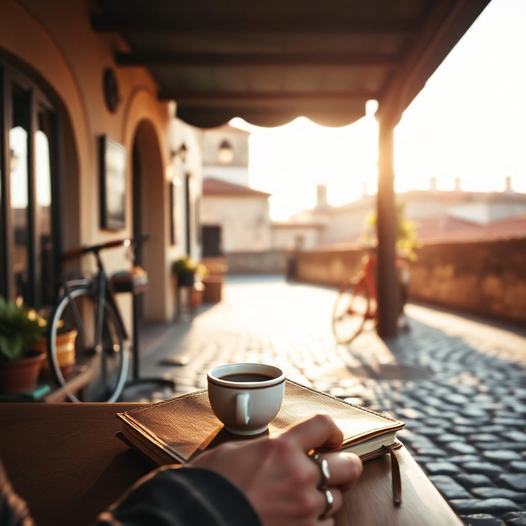 Unhurried morning at a sunlit village cafe with a worn travel journal and espresso, a bicycle leaning against a stone wall