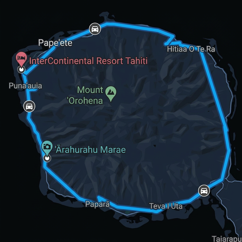 Hand-drawn route map of Tahiti showing arrival, Papeete, and the loop around the island